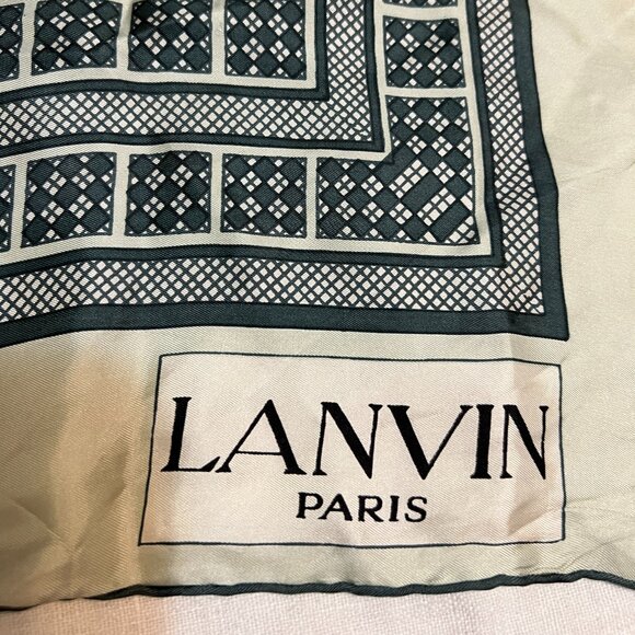 Lanvin Paris Silk Scarf Green Geometric Square Print Designer Vintage - Picture 3 of 5